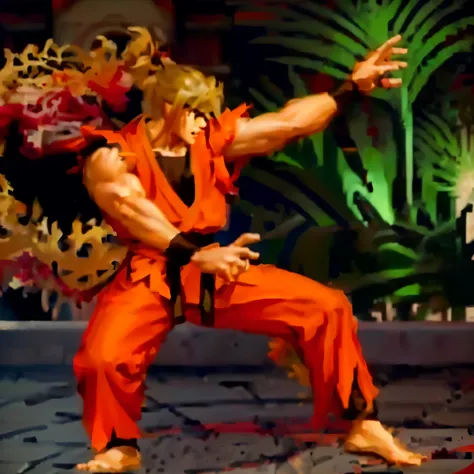 Close-up of people in orange costumes playing games, King of Fighters Style, fighting game characters, Bo Daoxuan, Fighting Stance, Modokan, Balrog, Street Fighter, Characters in The King of Fighters, Fighting Stance, Assume complex fighting poses, Fightin...