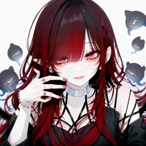 a girl with red tinted hair, half-length statue, 4k hd, face expressionless, anime style, sideface, white background, dark, eerie, smiling, dark angel, deceiving, smug look