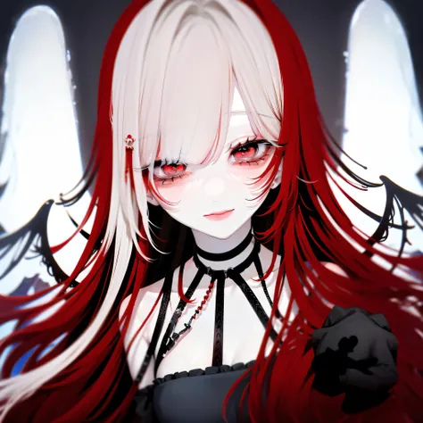 a girl with red tinted hair, half-length statue, 4k hd, face expressionless, anime style, sideface, white background, dark, eerie, smiling, dark angel, deceiving, smug look