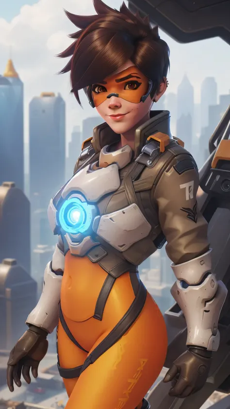 portrait of tracer, close up, gwen tennyson, tracer, overwatch, battle ruins, futuristic city, mecha pilot, bodysuit, brown shor...