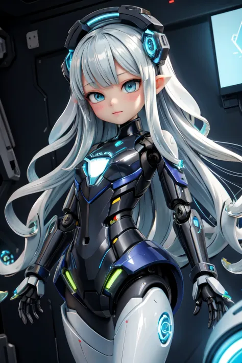 robot, masterpiece, highest quality, detailed, スプラトゥーンの女の子の形のrobot, tentacle hair, face with nothing、the machine&#39;s round, gl...