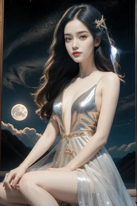 Close-up of a girl,gorgeous dress,sitting,on the moon,detailed background of the moon,Moon Goddess,Beautiful Celestial Mage,Goodness of Heaven, Celestial Fairy,very Beautiful fantasy art,8k high quality detailed art,medium straight bob hair,slim,thin,flat ...