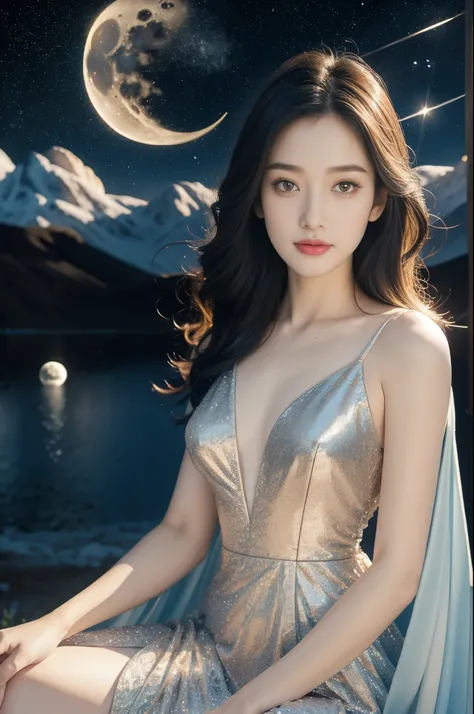 Close-up of a girl,gorgeous dress,sitting,on the moon,detailed background of the moon,Moon Goddess,Beautiful Celestial Mage,Goodness of Heaven, Celestial Fairy,very Beautiful fantasy art,8k high quality detailed art,medium straight bob hair,slim,thin,flat ...