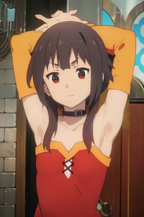 masterpiece, best quality, megumin.off shoulder-sweater. armpitpeek.armpit. flat. cute . young.cloth fell off