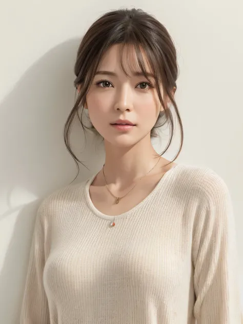 (Highly realistic photos, High resolution, Detailed face, Fine Eyes), ((Photographed in front of a white wall))、Japanese women, 40 years old, various expressions, alone:1, Slim figure, Various Hair Styles, Casual clothing, Only one person in the photo、Long...