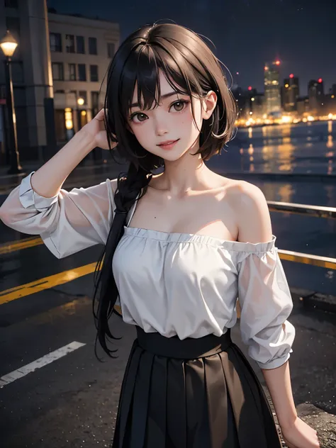 (RAW photos, best quality), (Practical, photoPractical: 1.2), (Round Face: 1), 1 girl, Outdoor selfie, (High Detail Skin: 1.2), (Puffy eyes), (Eye bags), Smile, clavicle, Similar to female genital dripping, Brown and black straight hair, Pure black pleated...