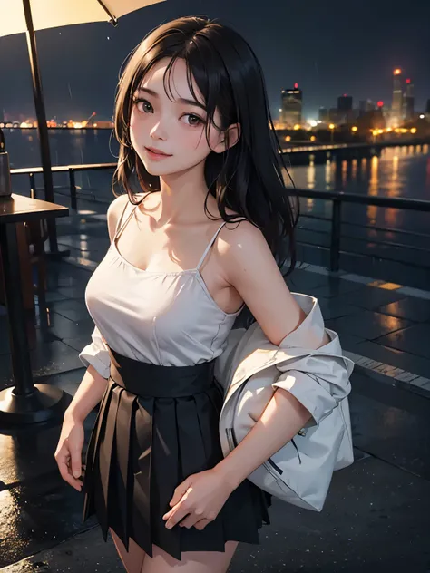 (RAW photos, best quality), (Practical, photoPractical: 1.2), (Round Face: 1), 1 girl, Outdoor selfie, (High Detail Skin: 1.2), (Puffy eyes), (Eye bags), Smile, clavicle, Similar to female genital dripping, Brown and black straight hair, Pure black pleated...