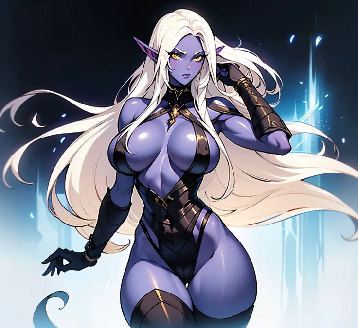 extremely long hair, ((face behind hair)), anthro, perfect anatomy, Defeated_villainess, high, solo, with forms, (naked), (((beautiful high elf body))), dark elves, high грудь, large_boobs, dark skin, female white_hair big_boobs large_thigh athletic barbar...