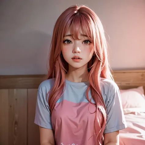 a cute girl with pink and long hair, wearing t-shirt, crying in bedroom, looks at the camera, by style of onii kei, dreamy and romantic, light gray and light amber, jagged edges, light teal and light red, timeless beauty, 8k