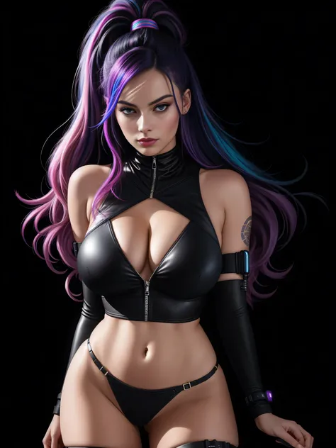 there is Margot Robbie, navy blue and bright purple neon streaked hair, hair in pony tail, 3 d neon art of a womans body, neon-noir background, cyberpunk femme fatale, seductive cyberpunk dark fantasy, cyberpunk strip clubs, cyberpunk 20 y. o model girl, o...