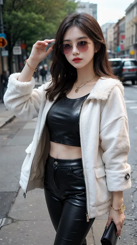 Masterpiece, Best Quality, ultra detailed, 1 girl, solo, perfect bright lighting, wearing Cropped faux fur jacket, leather leggings, Complete the look with oversized sunglasses, statement clutch, and layered bracelets. outdoor, full HD, 8k