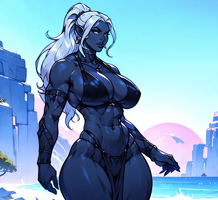 SFW, ((long ponytail, black skin Drow)) (bikini), (gigantic breasts, huge breasts, Big breast), firm breasts , tall girl, slim waist, curvy figure, arms behind back, white hair