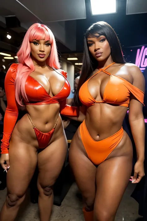 Objective: A captivating, neon orange portrait of a stunning duo, showcasing their bottom-heavy physiques with exaggerated curves and wide trapezoidal hips.
Personality: Confident, bold, and vivacious, embodying the essence of female empowerment.
Physique:...