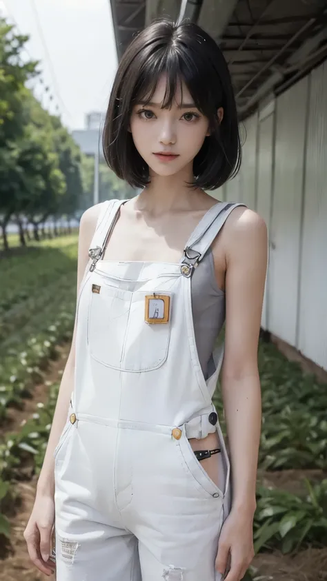 ((field:2.0)), ((White overalls:2.0)), (Clothing:2.0, White overalls:2.0, Sleeveless T-shirt:2.0, sneakers:1.5), ((farm:2.0)), ((A grin:1.2, Small breasts:1.5, slender:1.5, Small Ass:1.5)), ((Japanese, 1 Girl, 18-year-old, 7 heads, Ideal body proportions, ...