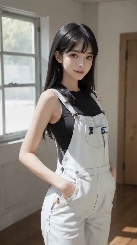 ((field:2.0)), ((White overalls:2.0)), (Clothing:2.0, White overalls:2.0, Sleeveless T-shirt:2.0, sneakers:1.5), ((farm:2.0)), ((A grin:1.2, Small breasts:1.5, slender:1.5, Small Ass:1.5)), ((Japanese, 1 Girl, 18-year-old, 7 heads, Ideal body proportions, ...