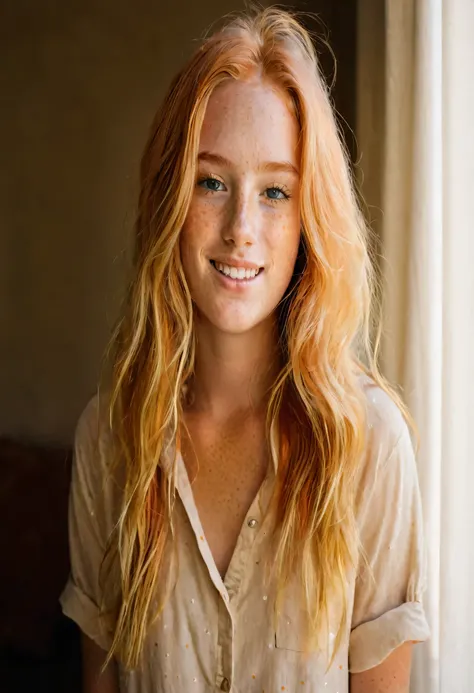 Girl with orange hair that has blonde tips. She has freckles. 