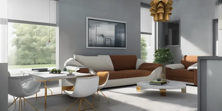 living room，sofa，tables and chairs，coffee table，advanced plants，bright rendering, furniture, high quality，modern style