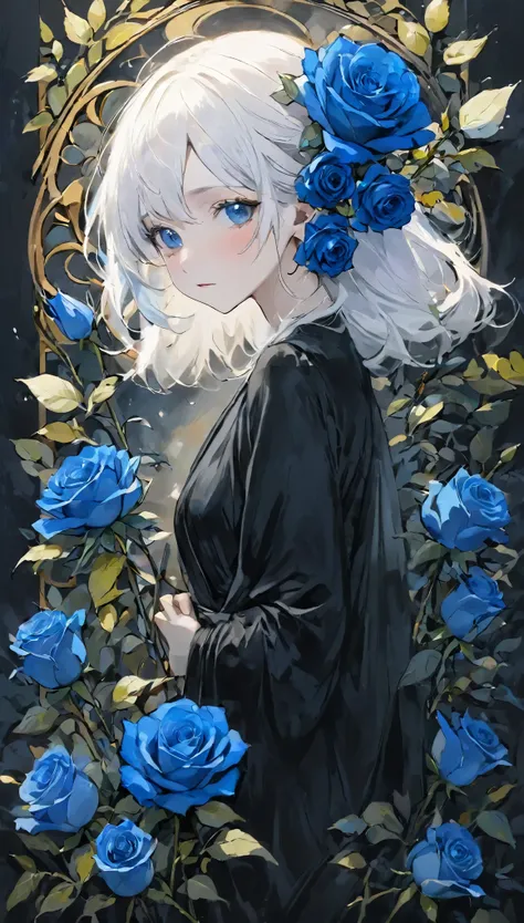 highest quality、Masterpiece、High resolution、８ｋ、break、(((暗闇にBlue roseの一輪の花:1.2)))、((Harmony of white, blue and black))、(((Simple configuration)))、(((Blue rose_Flower arrangement in a vase)))、Create silence、Wallpaper Art、Super detailed_face_Eye、非常に繊細なfaceと肌の...