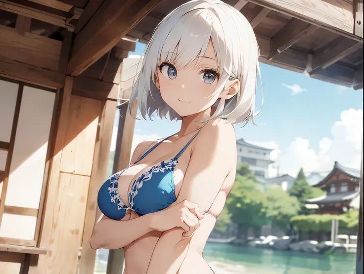 White-haired girl drawn in high resolution Japanese anime style、Woman taking a photo in a bikini, Bikini Model, , A young and cute gravure idol, Posing together in a bra, Russian and Japanese mix, sakimichan, Asian woman, Wear a swimsuit, that&#39;that&#39...