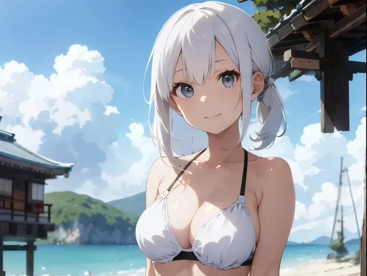 White-haired girl drawn in high resolution Japanese anime style、Woman taking a photo in a bikini, Bikini Model, , A young and cute gravure idol, Posing together in a bra, Russian and Japanese mix, sakimichan, Asian woman, Wear a swimsuit, that&#39;that&#39...