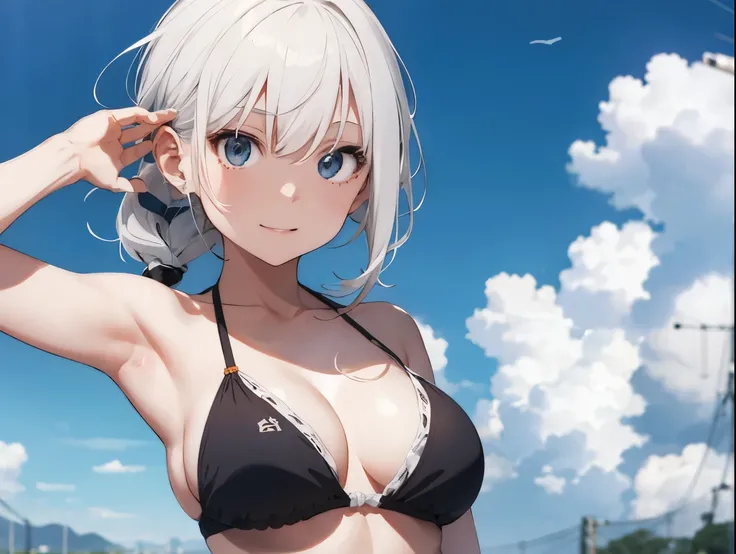 White-haired girl drawn in high resolution Japanese anime style、Woman taking a photo in a bikini, Bikini Model, , A young and cute gravure idol, Posing together in a bra, Russian and Japanese mix, sakimichan, Asian woman, Wear a swimsuit, that&#39;that&#39...