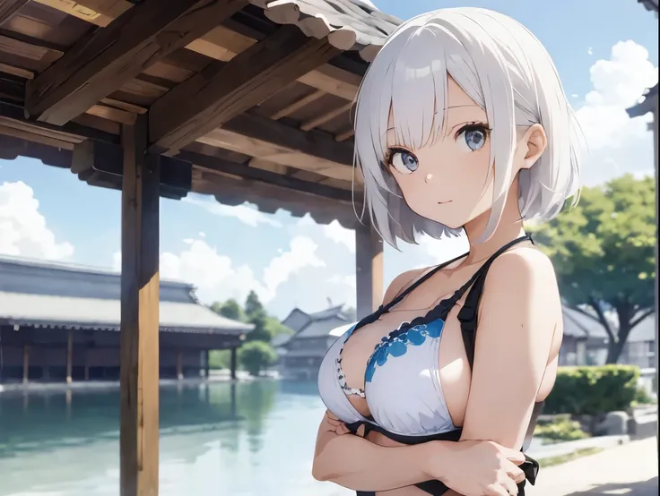 White-haired girl drawn in high resolution Japanese anime style、Woman taking a photo in a bikini, Bikini Model, , A young and cute gravure idol, Posing together in a bra, Russian and Japanese mix, sakimichan, Asian woman, Wear a swimsuit, that&#39;that&#39...