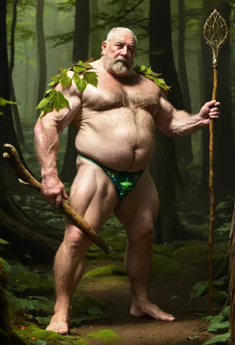 intricate details, high definition, vivid colors, particle effect, mature old man, grandpa, virile, tough, fat, hairy, bulging muscles, massive feet, pale skin, ugly, sweaty, smelly, micro thong, bright adornments, furion, natures prophet, leaf coat, holdi...