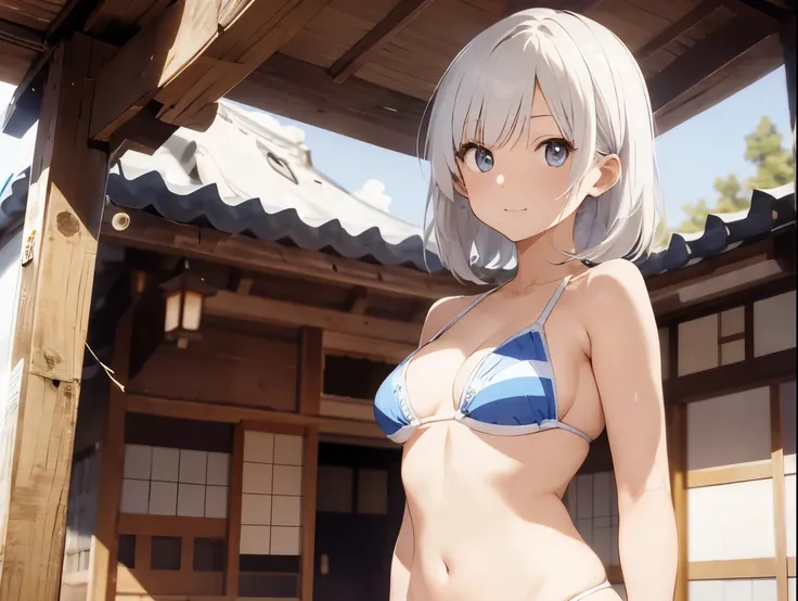 White-haired girl drawn in high resolution Japanese anime style、Woman taking a photo in a bikini, Bikini Model, , A young and cute gravure idol, Posing together in a bra, Russian and Japanese mix, sakimichan, Asian woman, Wear a swimsuit, that&#39;that&#39...