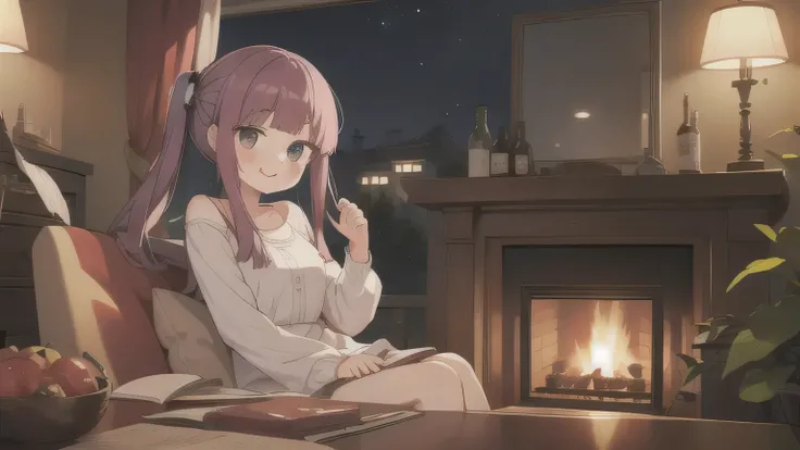 twin tails,One Girl,View your viewers,smile,fireplace,night