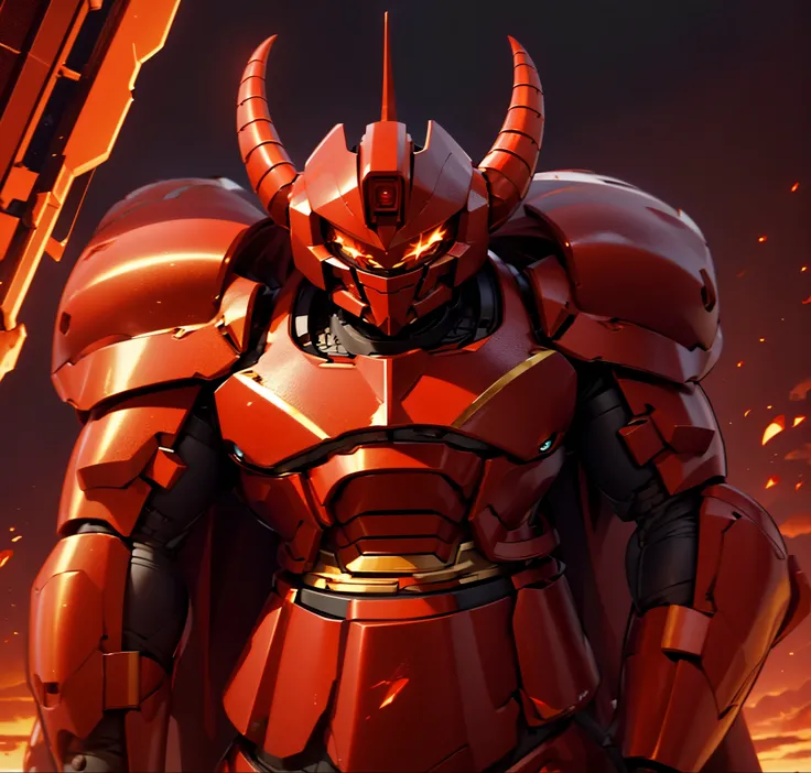 Robot, red mono eye, red body, high quality, golden horns on head, heavily armored,Robot, red mono eye, red body, high quality, golden horns on head, heavily armored, reddish-black shoulders, arm armor is an austere shade, sunset background,