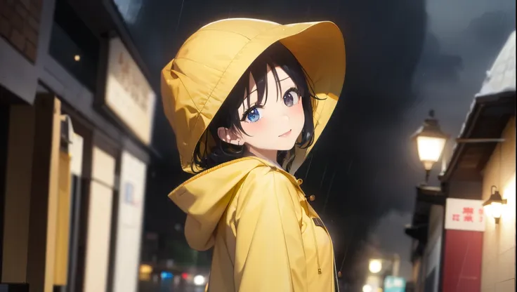 Anime Style、Rainy Town、Girl getting wet in the rain、Yellow raincoat