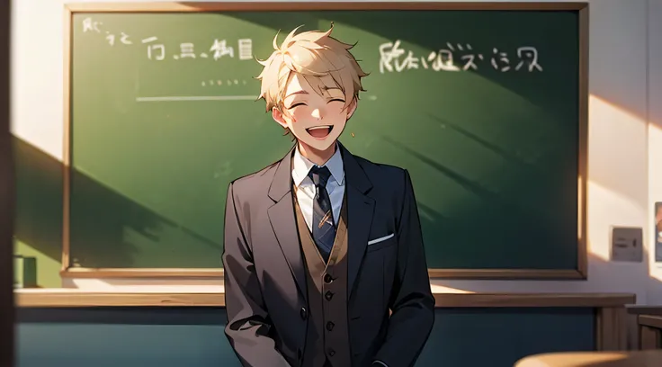 Mans teacher、In front of the blackboard、laughing、suit、