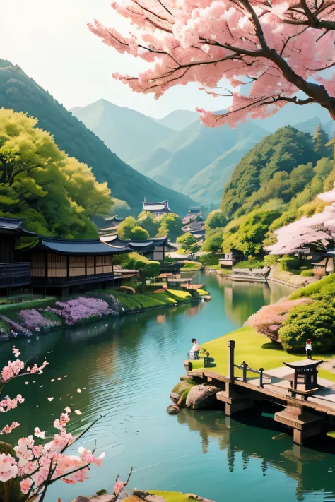 A picturesque landscape in Japan during the 1700s, featuring children playing. The scene includes traditional Japanese houses with thatched roofs, cherry blossom trees in full bloom, and a serene river flowing through the countryside. Children dressed in t...