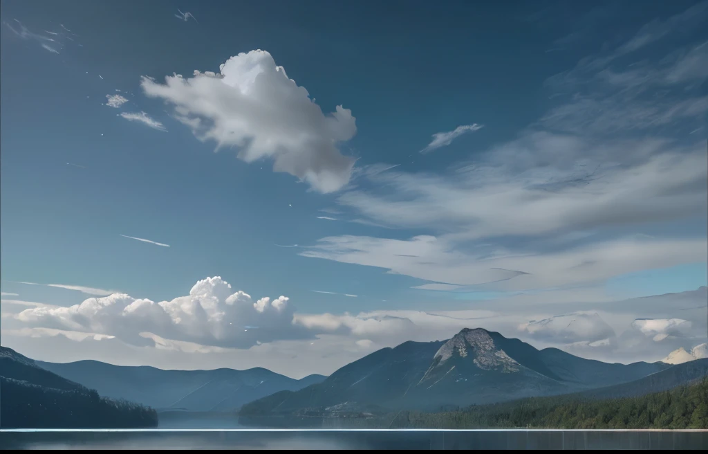 Masterpiece, ultimate quality, Cg unity 8k wallpaper, super delicate, beautiful sky and clouds, rich natural scenery, the vast Blue Lake surrounded by mountains and hills, no trace of people, there are no buildings, excellent scenery, has already won a pho...