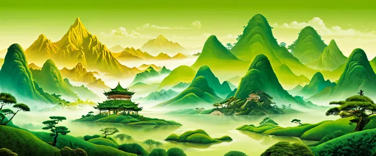 Using midjourney, Jean, Dali, Bos, Fushan, Ronsonin, Dana Schuh, five giants of the art-tan, together they interpreted oriental mountains and water. Schuh, 5 greats, together with the Oriental mountains and water, The theme is spring, green，xianxia