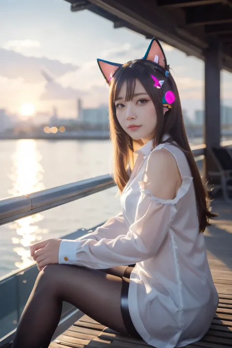 Masterpiece, bokeh, (Cat ears:1.4), Sitting in sundown seashore, Looking at the viewer, office lady, pantyhose,