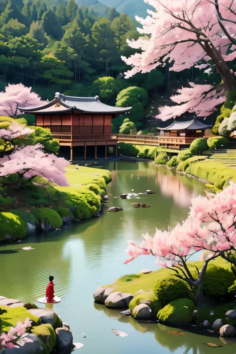 A picturesque landscape in Japan during the 1700s, featuring children playing. The scene includes traditional Japanese houses with thatched roofs, cherry blossom trees in full bloom, and a serene river flowing through the countryside. Children dressed in t...