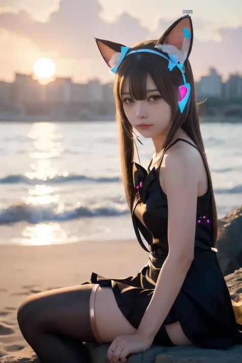 Masterpiece, bokeh, (Cat ears:1.4), Sitting in sundown seashore, Looking at the viewer, high school costume, pantyhose,