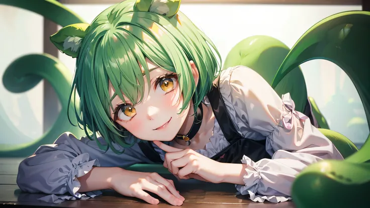 beautiful girl，Yellow-green hair，Beaver、short hair、Gentle droopy eyes，A calm and kind face，Big smile、An innocent smile