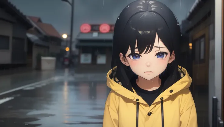 Anime Style、Rainy Town、Girl getting wet in the rain、Raincoat、A sad expression that looks like its about to cry