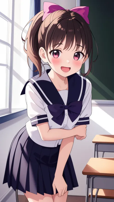 ultra-detailed,masterpiece,best quality,jcf, 1girl,,black ponytail,large bow,blush,leaning forward,classroom,blackboard,desk,win...