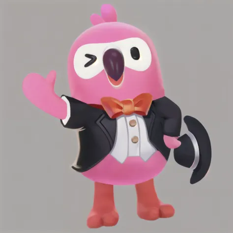 a pink flamingo image ip, wearing a black suit with a red bow tie, crossing his arms, waving his hands, standing, cute expressio...