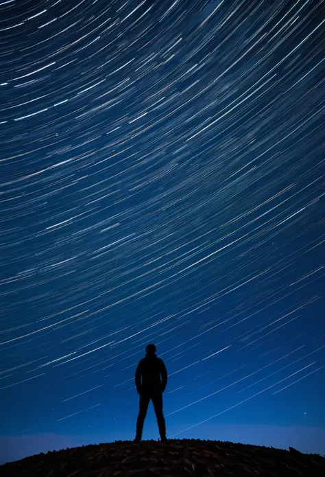 A person standing on the earth，Looking up at the star trails，Soft light illuminates the silhouette of the Earth，Time-lapse photography，Minimalism，Background with rich light and shadow changes，32k，Wide Angle，Clean background，Klein Blue，Add layers and three-...