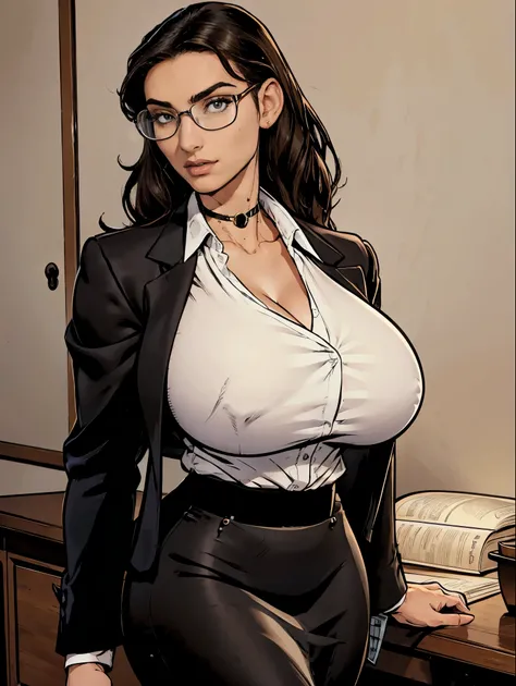 Gorgeous and sultry busty athletic (thin) brunette with sharp facial features and a (large nose) and (huge boobs) wearing a black blazer, white blouse and black pencil skirt, glasses