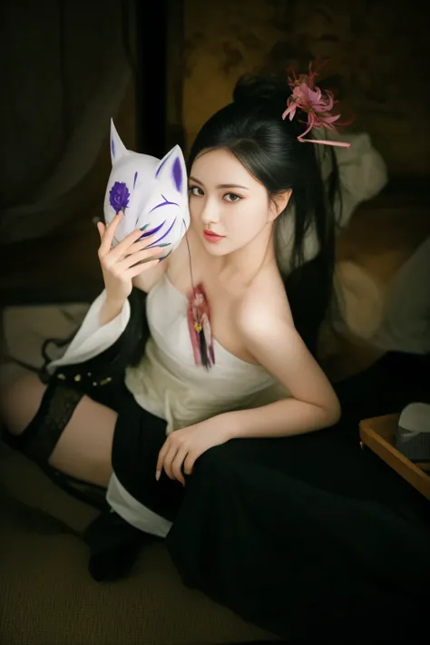 woman in a white dress holding a mask with a purple flower on it, with kitsune mask, anime girl cosplay, anime cosplay, cosplay photo, akali from league of legends, ahri from league of legends, a beautiful kitsune woman, cosplay, ahri, elegant glamourous c...