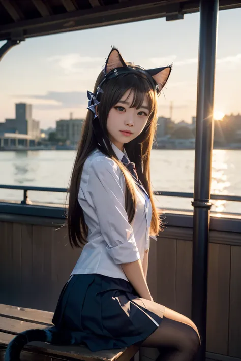 Masterpiece, bokeh, (Cat ears:1.4), Sitting in sundown seashore, Looking at the viewer, (high school uniform:1.3),