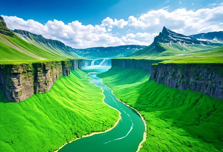 Masterpiece, ultimate quality, Cg unity 8k wallpaper, super delicate, beautiful sky and clouds, rich natural scenery, cliffs, lakes and rivers, waterfalls and flying water, beautiful green mountains, no trace of people, excellent scenery, has already won a...