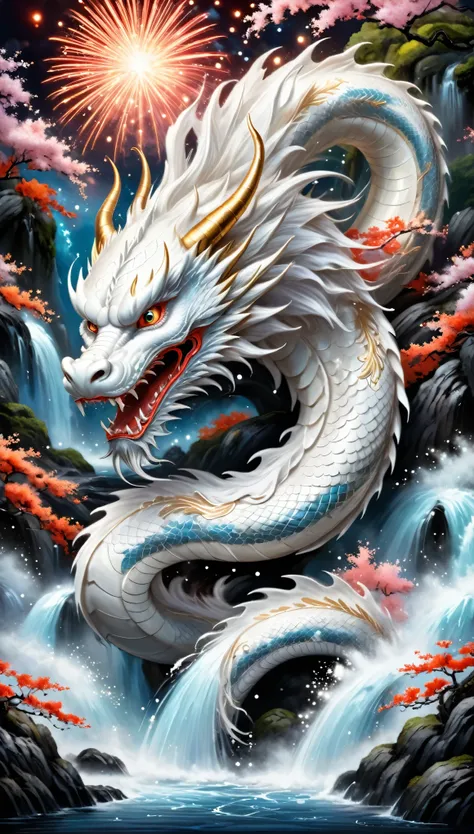 /imagine a japanese dragon, the white dragon is majestic and powerful., long, curled up body and intense expression. the backgro...