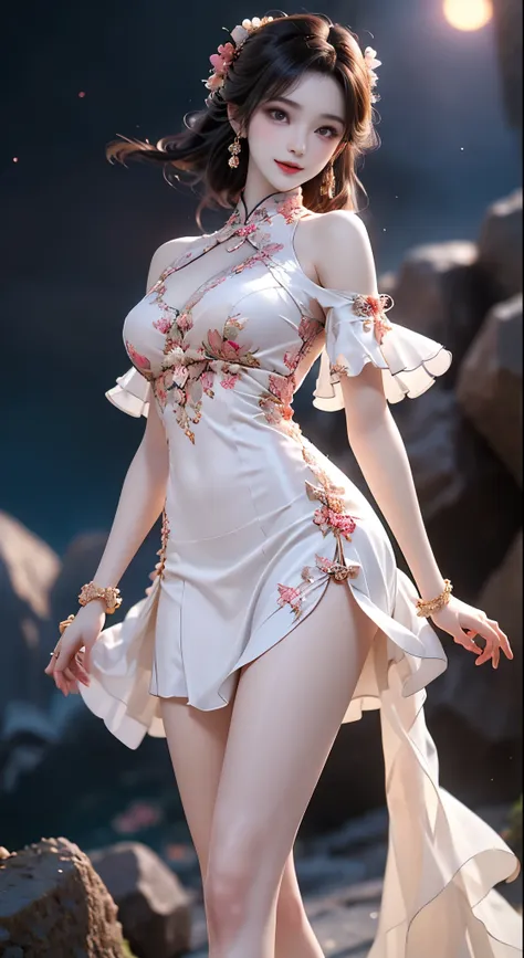 newchinesestylesuit,  ((Bare shoulders)), ((whole body)), Practical, Fashion Girl, red lips, Mature women, cosmetic, big eyes, beautiful eyes, ((whole body)), ((from below)), (best quality, masterpiece:1.2), Super detailed, (Practical:1.37), ((Sexy long le...