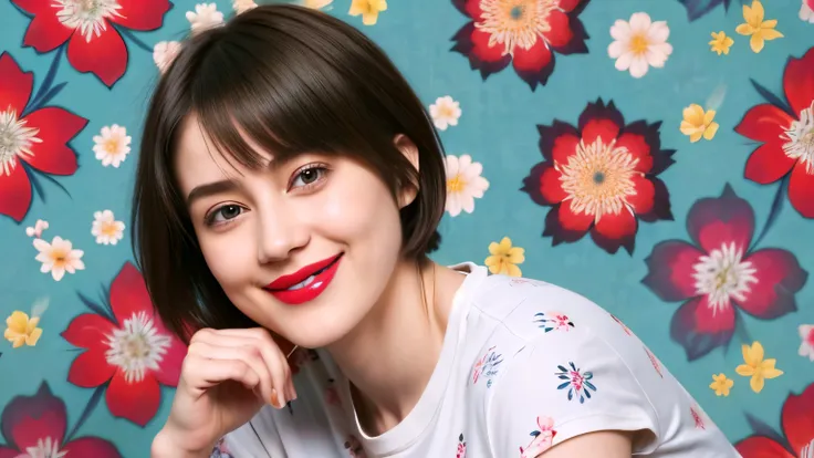 239 18-year-old female, short hair, (Jeans andT-shirt), A kind smile, lipstick, (Floral Background、Fractal Patterns)